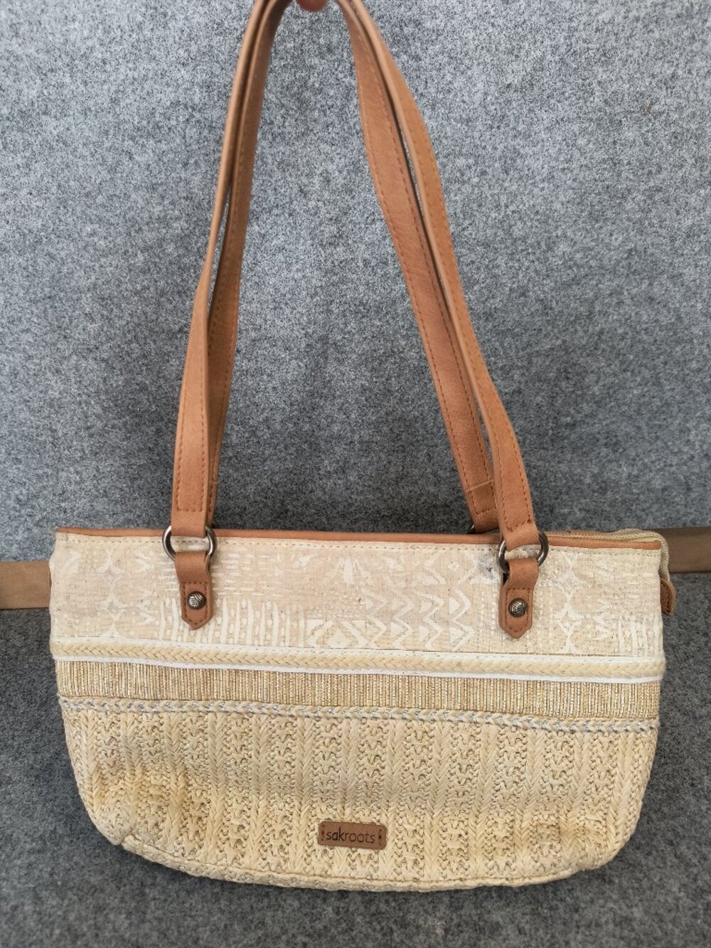 Sakroots Straw Tote Shoulder Bag Woven Summer Beach Zip Top Vegan Leather
